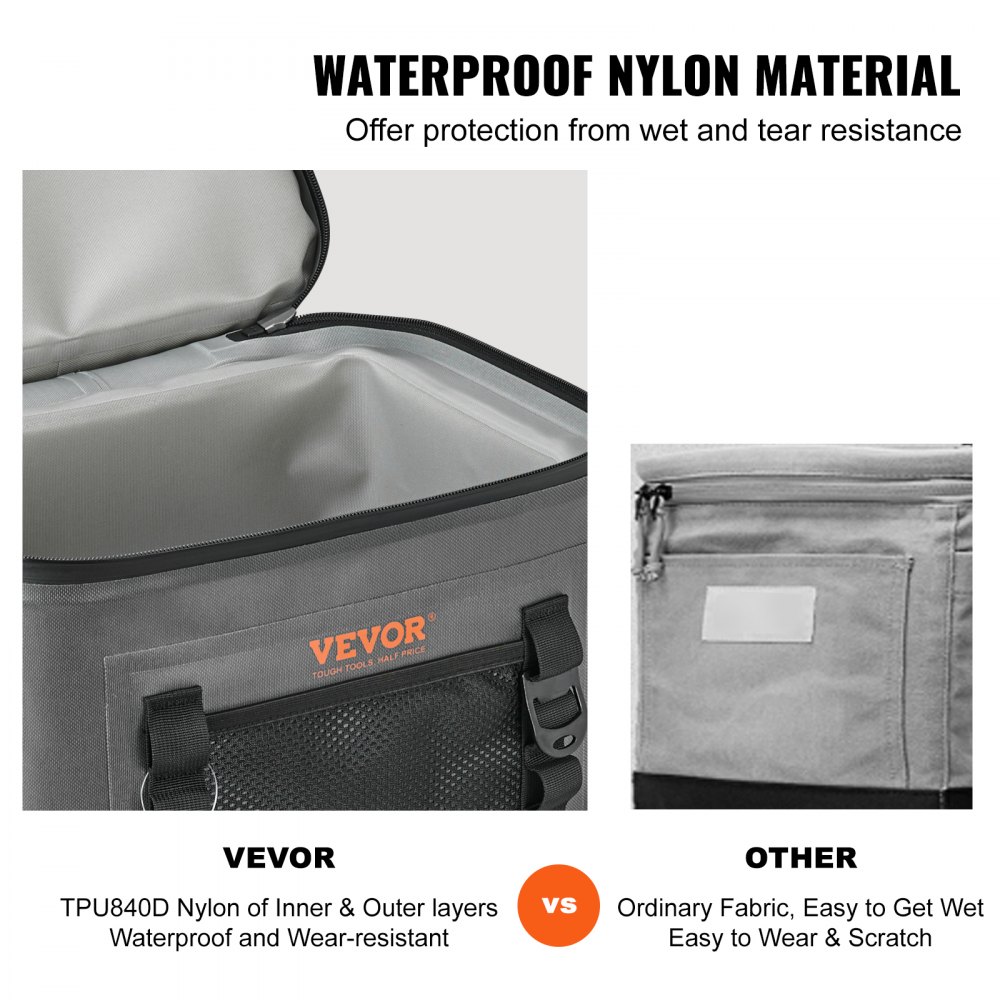 Bolsa térmica suave VEVOR que presenta un material de nailon impermeable en comparación con una tela común.