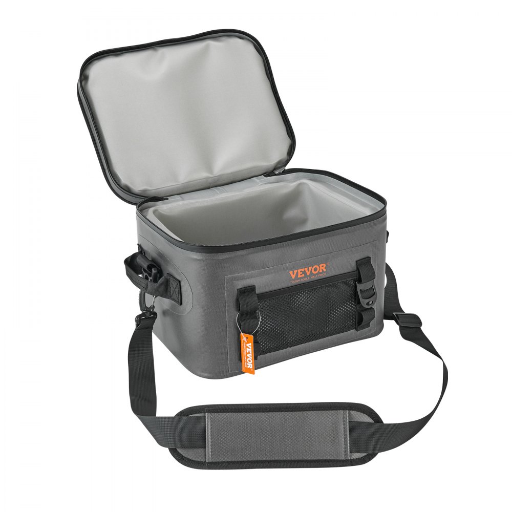Bolsa térmica suave VEVOR con tapa abierta, exterior gris, bolsillo de malla y correa de hombro ajustable.