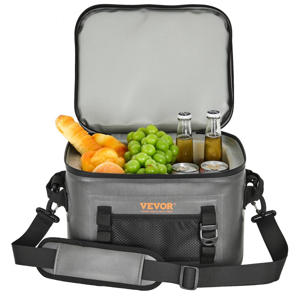 Bolsa térmica suave VEVOR abierta con pan, uvas, manzanas, bebidas embotelladas y latas en su interior.