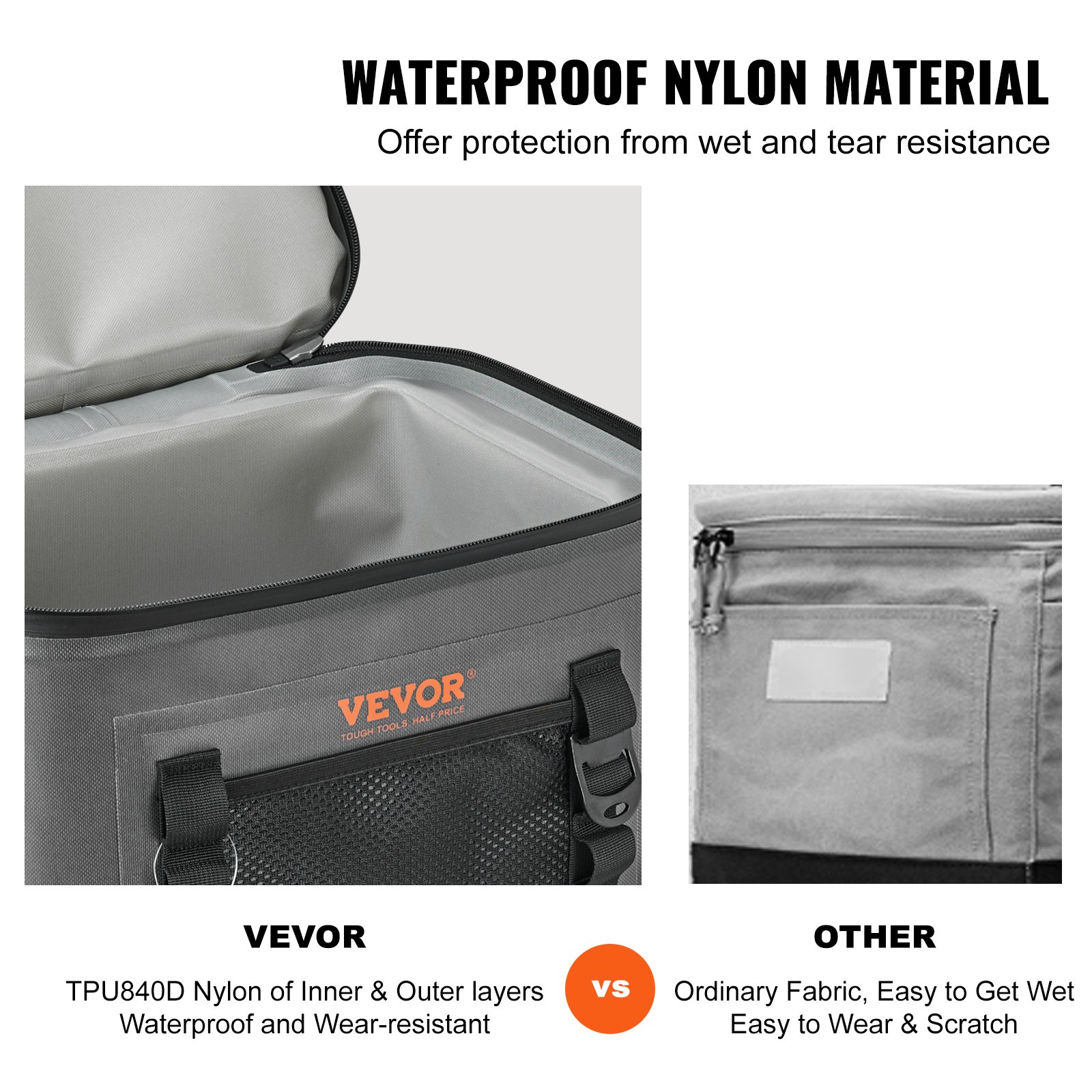Bolsa térmica suave VEVOR que presenta un material de nailon impermeable en comparación con una tela común.