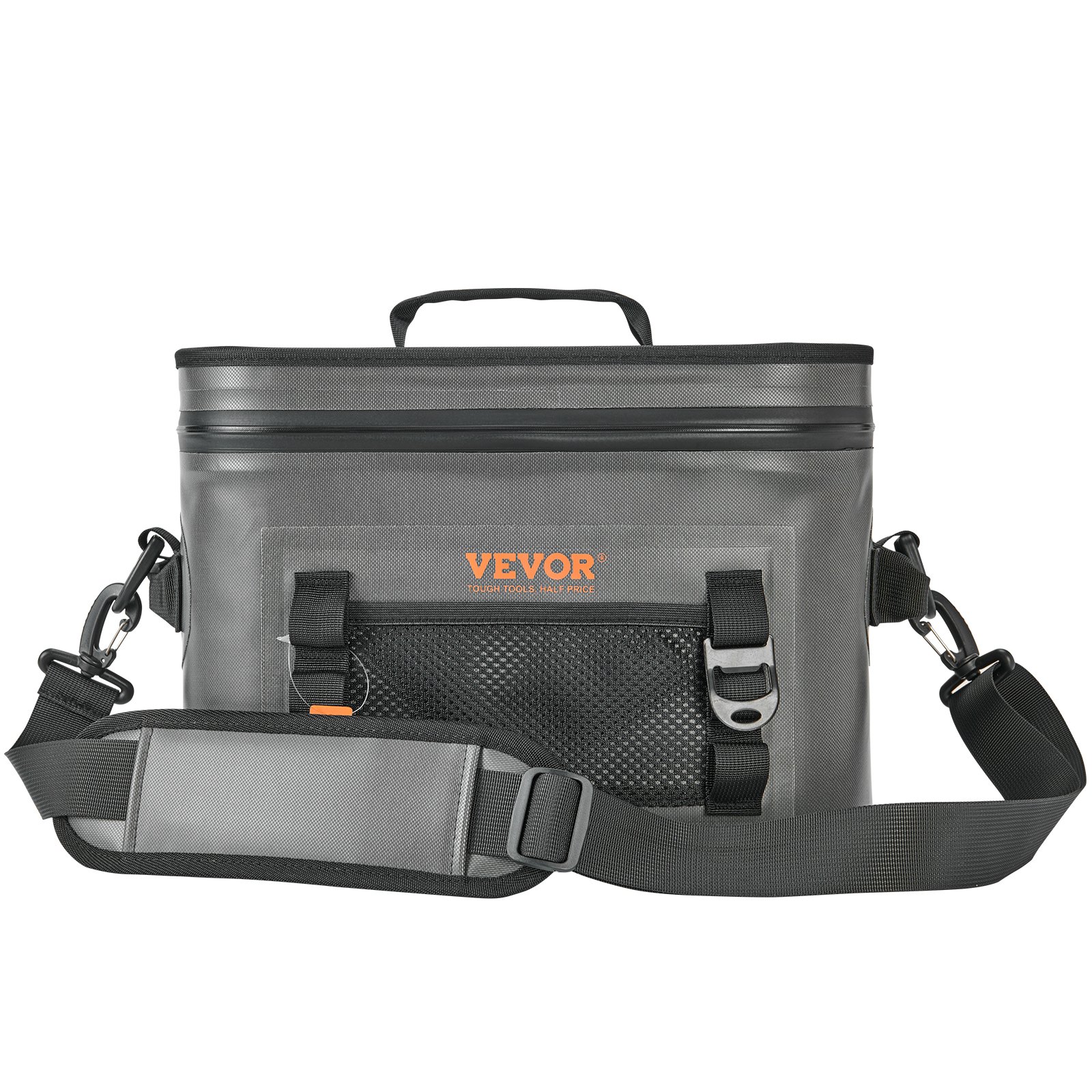 Bolsa térmica suave VEVOR gris con correa de hombro ajustable, bolsillo de malla y asa.