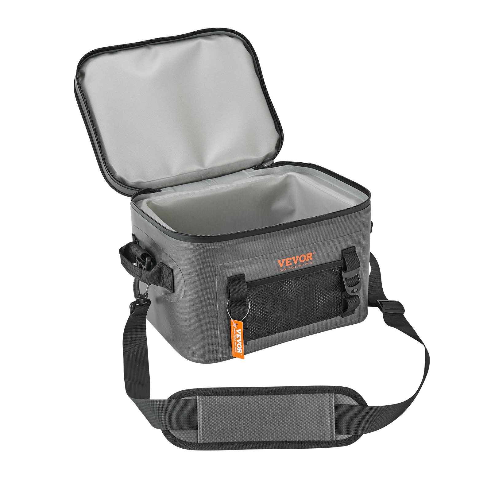 Bolsa térmica suave VEVOR con tapa abierta, exterior gris, bolsillo de malla y correa de hombro ajustable.