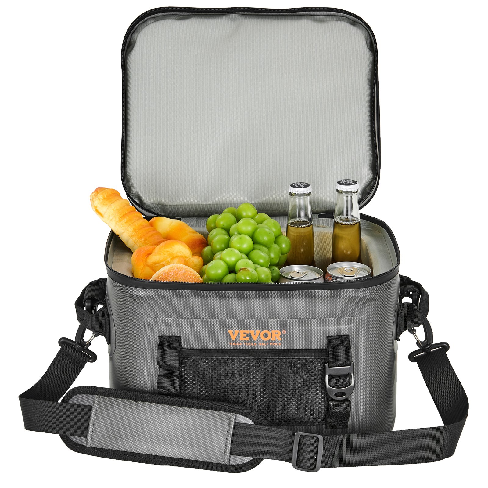 Bolsa térmica suave VEVOR abierta con pan, uvas, manzanas, bebidas embotelladas y latas en su interior.