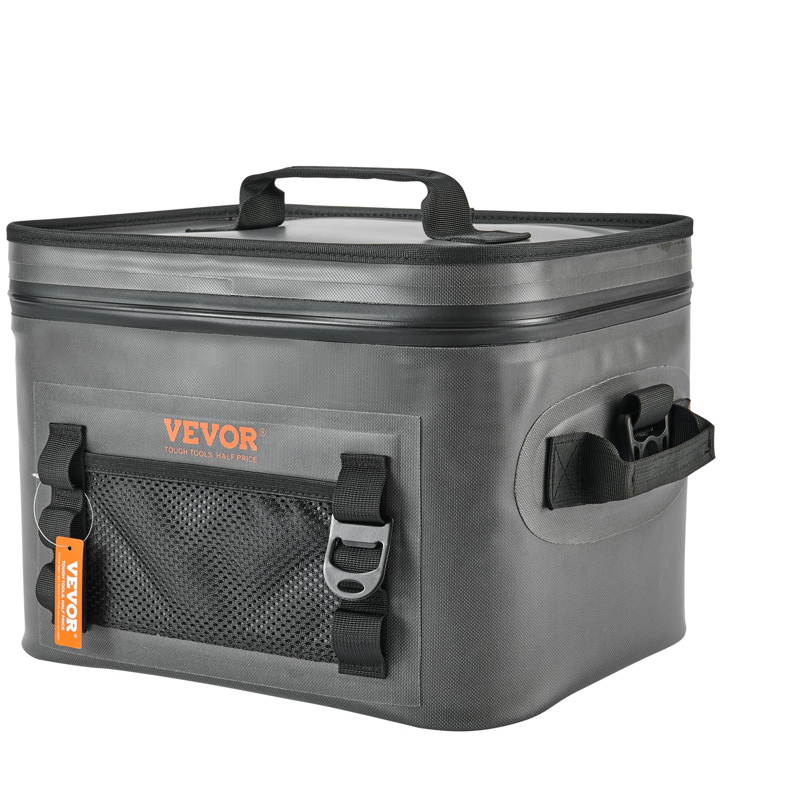 Bolsa térmica suave VEVOR gris con asas negras y bolsillo frontal de malla.