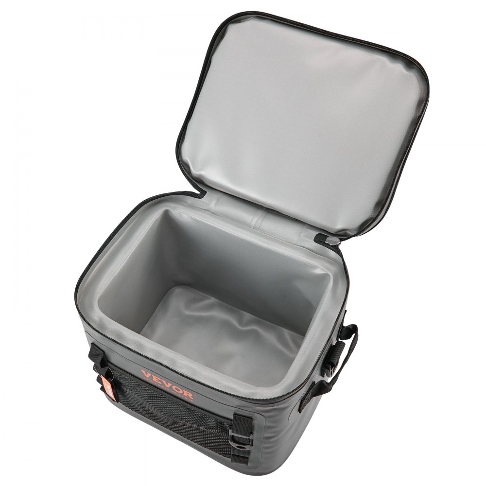 Bolsa térmica suave VEVOR con tapa abierta que revela un espacioso interior aislado de color gris.