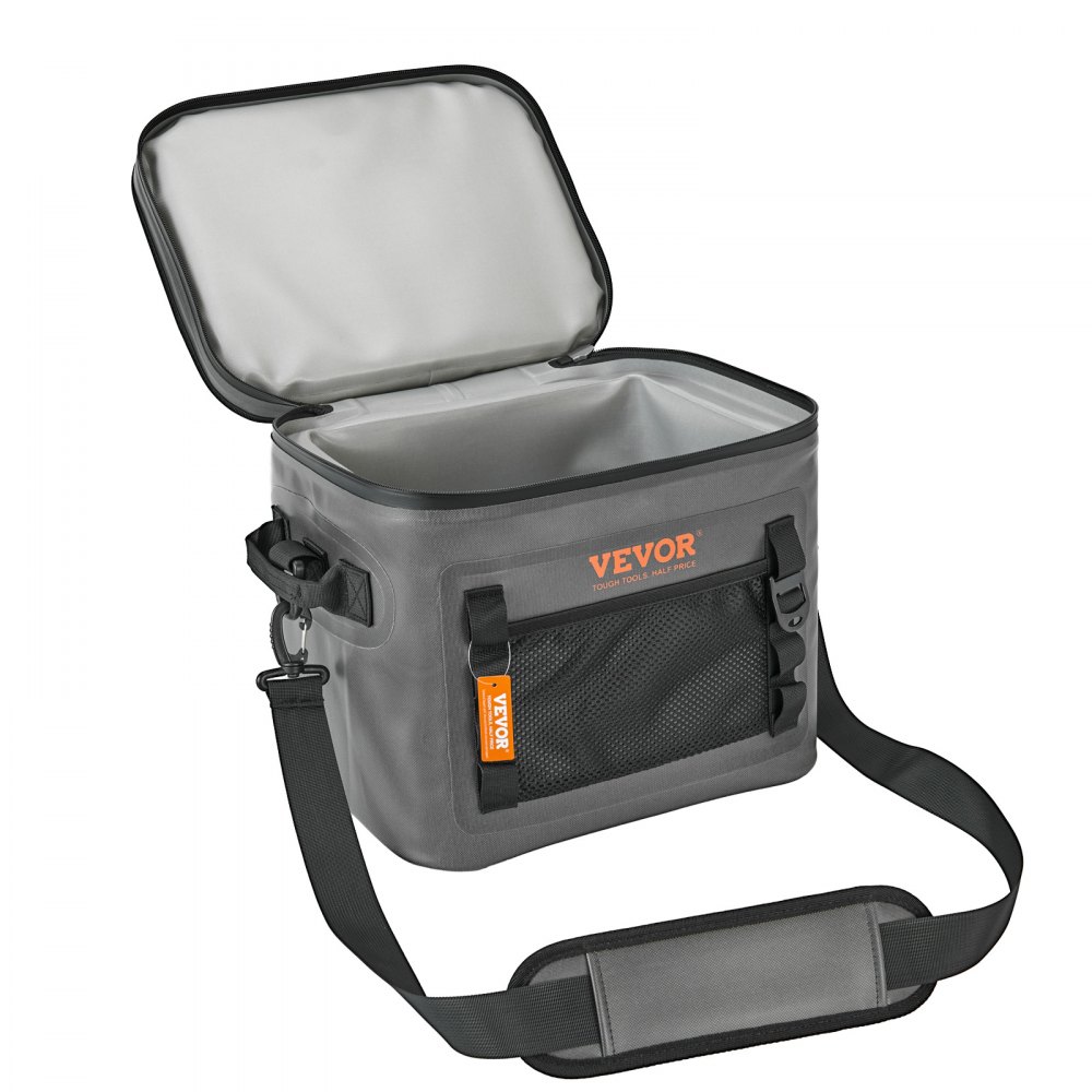 Bolsa térmica suave VEVOR en color gris con correa de hombro acolchada y tapa superior abierta.