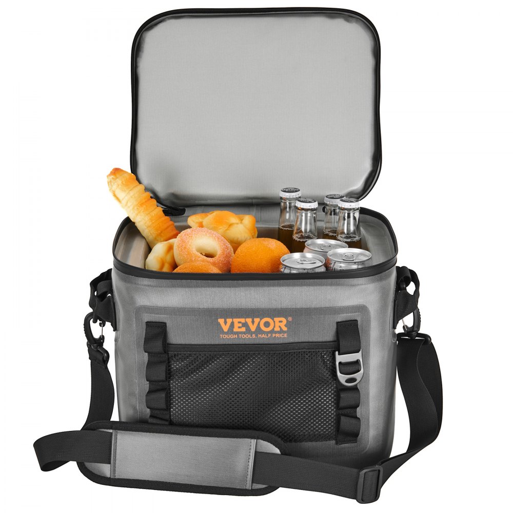 Bolsa térmica suave VEVOR llena de pasteles, botellas y latas, tapa abierta, color gris con correas negras.