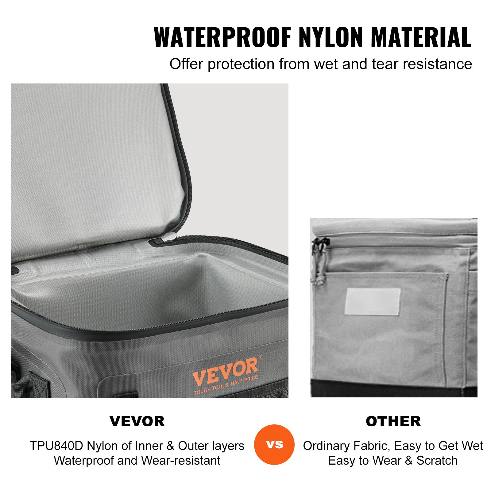 Bolsa refrigeradora suave VEVOR frente a una bolsa de tela común, destacando el nailon tpu840d resistente al agua y al desgaste.