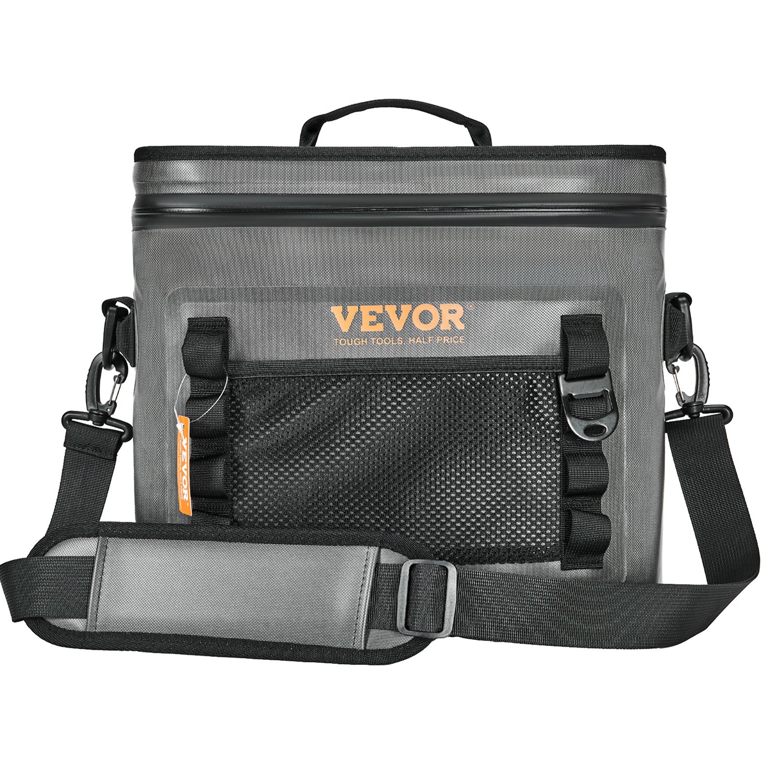 Bolsa térmica suave VEVOR con correa para el hombro, bolsillo frontal de malla y tela gris duradera.