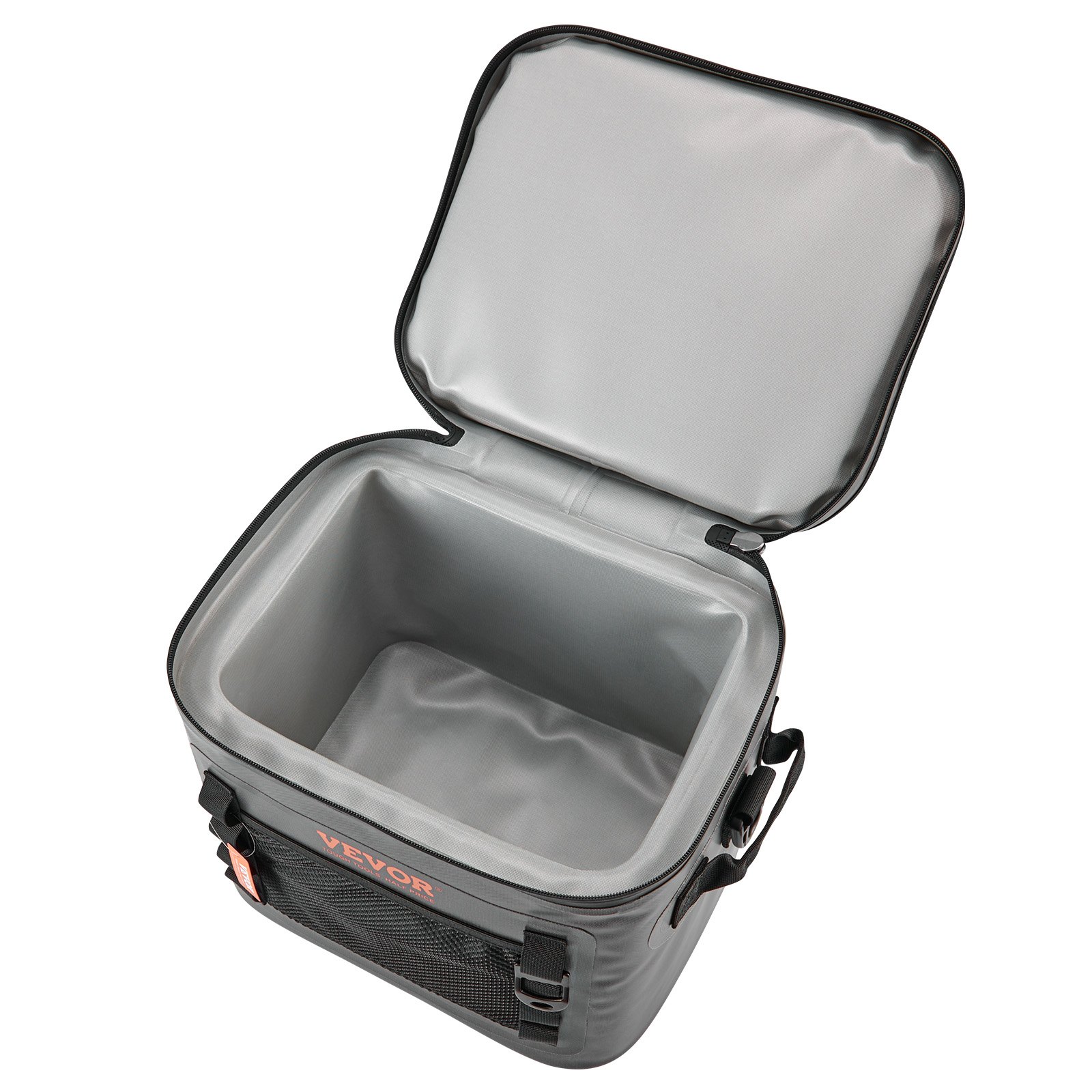 Bolsa térmica suave VEVOR con tapa abierta que revela un espacioso interior aislado de color gris.