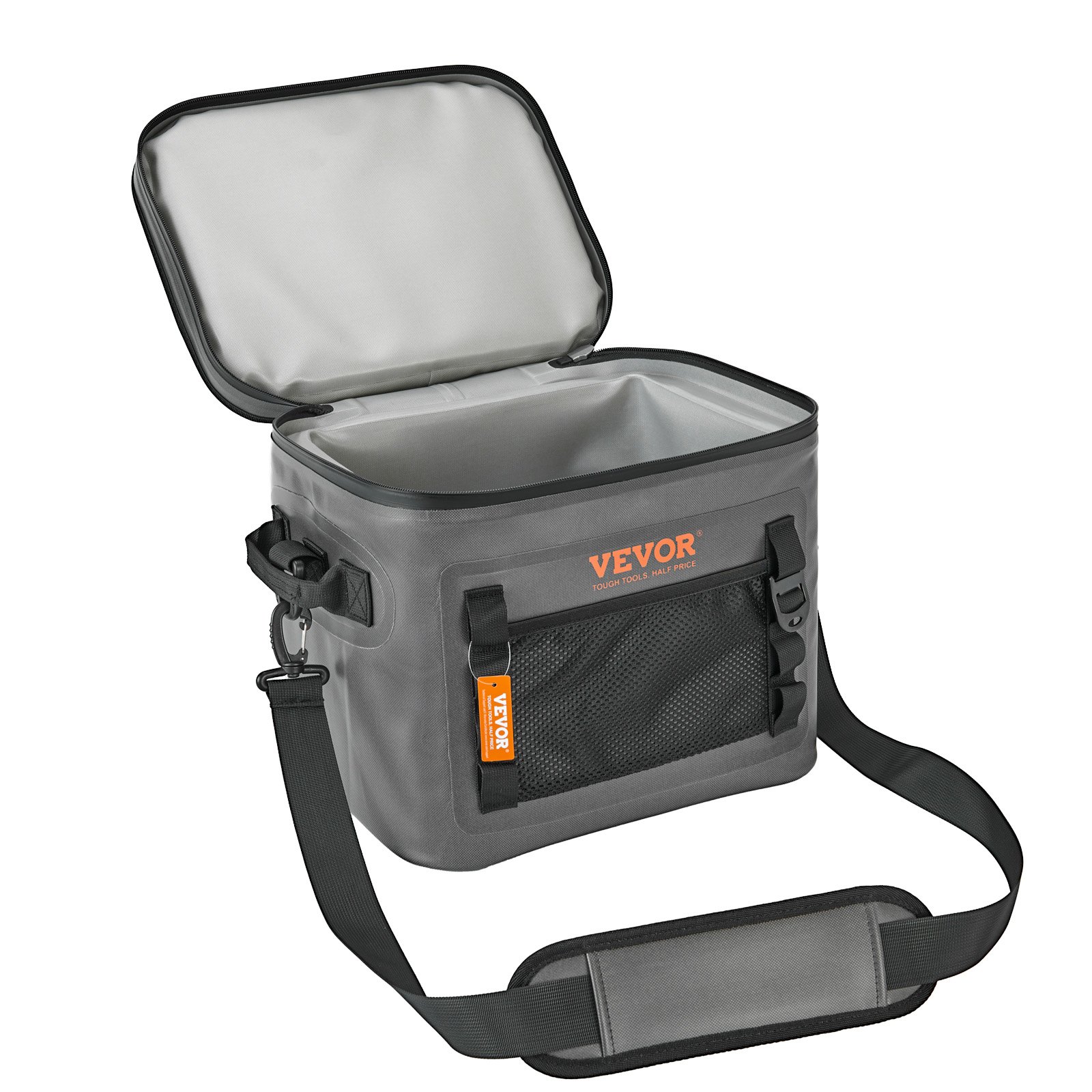 Bolsa térmica suave VEVOR en color gris con correa de hombro acolchada y tapa superior abierta.