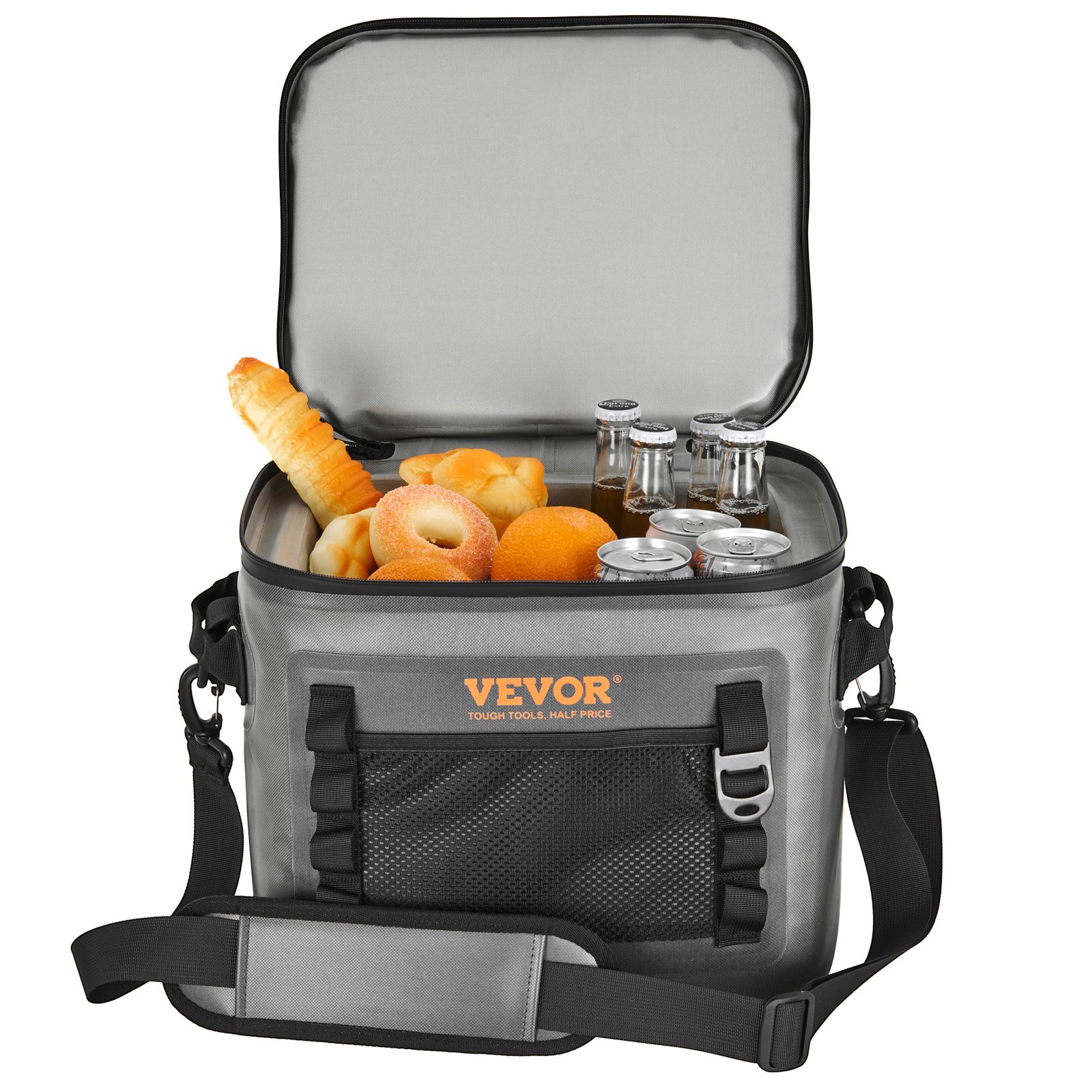 Bolsa térmica suave VEVOR llena de pasteles, botellas y latas, tapa abierta, color gris con correas negras.