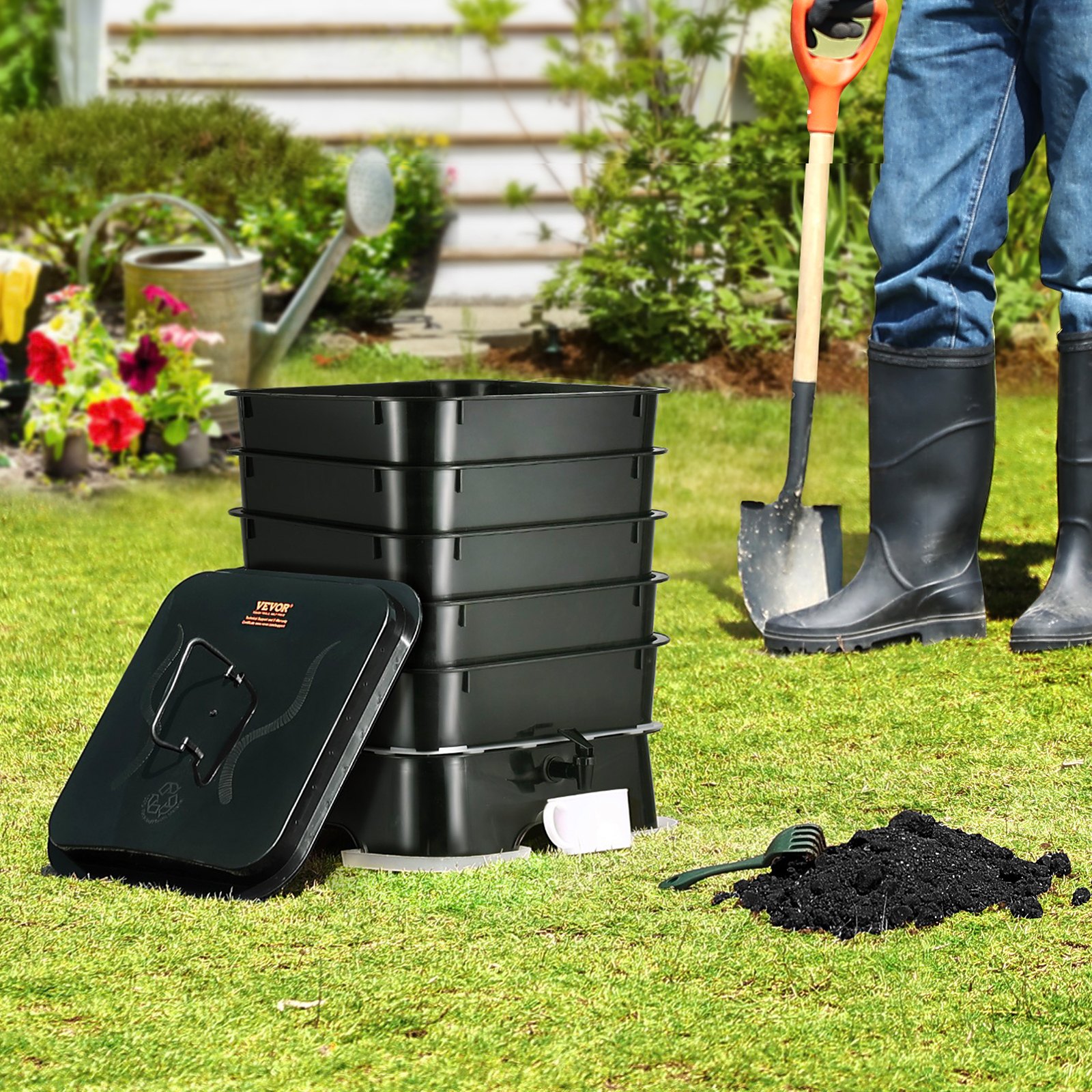 VEVOR Rapid Composter 18-50L Garden Composter 400x400x650mm Thermal Composter HDPE Plastic Compost Bin Incl. 5 Trays & a Collection Container Compost Bin Composting Reduction of Household Waste