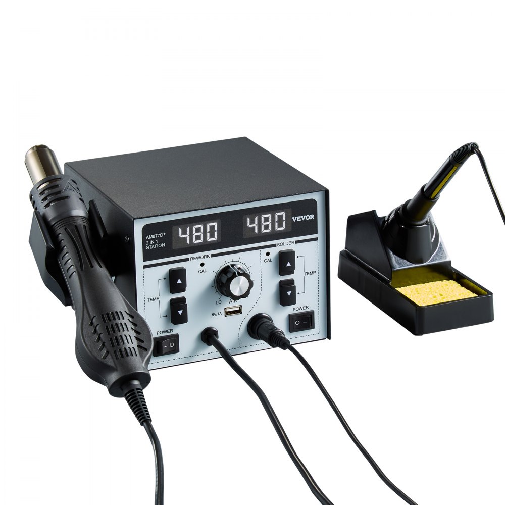 VEVOR 2-in-1 Hot Air Soldering Station, 820W Digital Display, Rework and Soldering Iron Station with 5V USB Charging Port, Adjustable Temperature and Airflow, 3 Hot Air Nozzles, 5 Soldering Tips