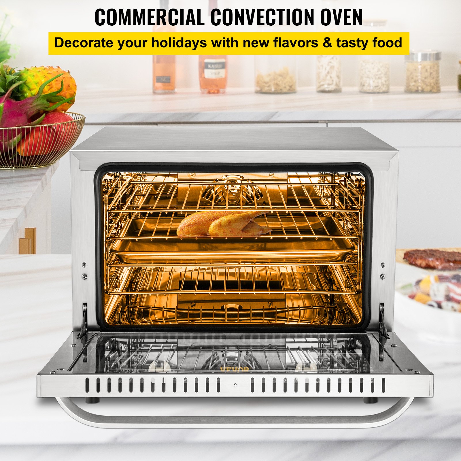 VEVOR Horno de Convección Eléctrico 66 L 1800 W Horno Sobremesa 58 x 55 x 50 cm, Acero Inoxidable y Vidrio Templado, Horno Eléctrico Multifunción de Sobremesa 65-250 ℃ con 4 Estantes para Cafeterías