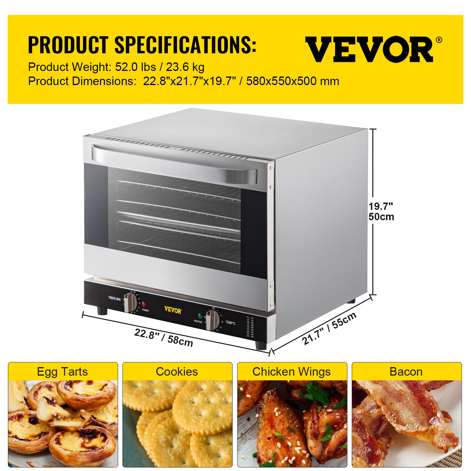 VEVOR Horno de Convección Eléctrico 66 L 1800 W Horno Sobremesa 58 x 55 x 50 cm, Acero Inoxidable y Vidrio Templado, Horno Eléctrico Multifunción de Sobremesa 65-250 ℃ con 4 Estantes para Cafeterías