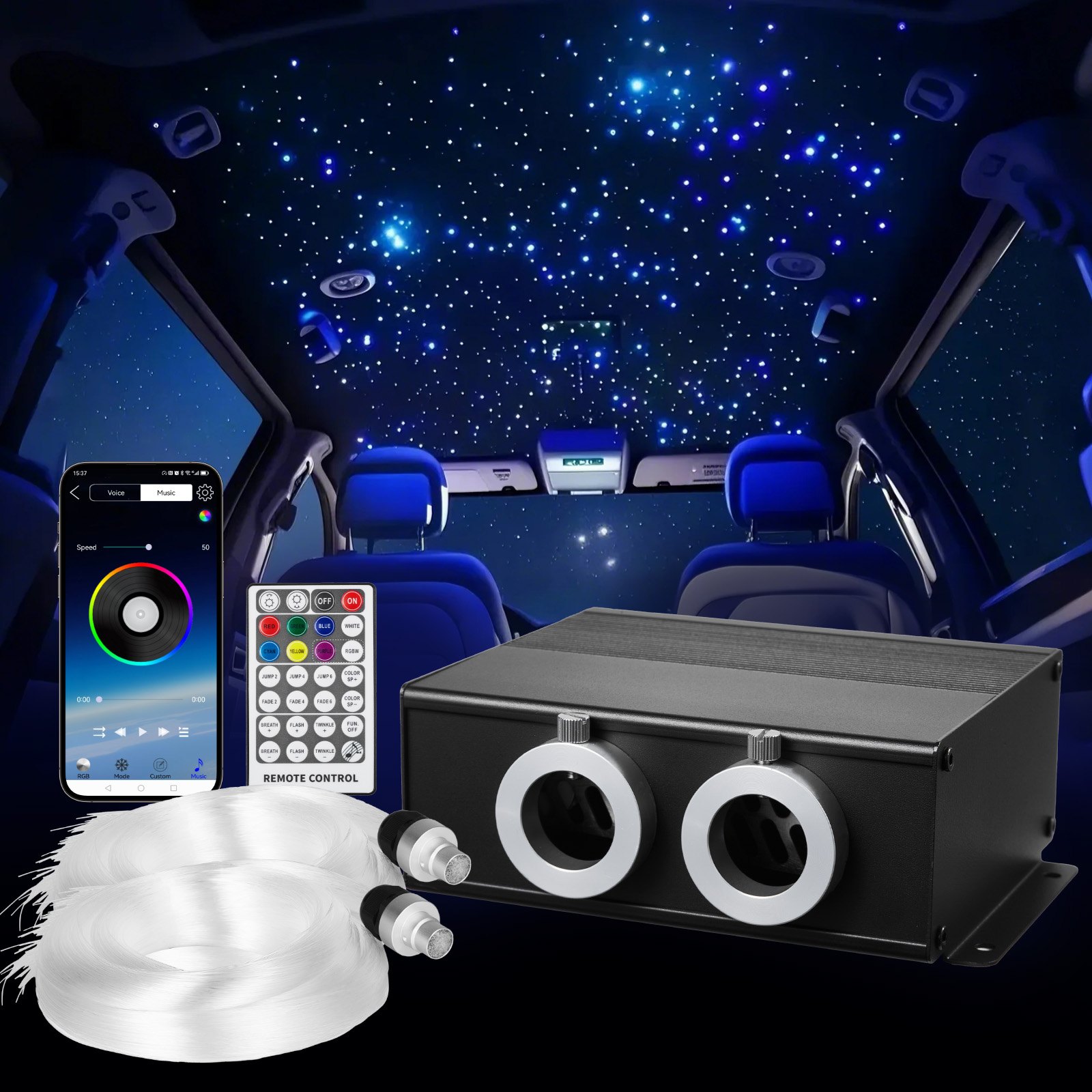VEVOR Starry Sky Car Lights, 900 pcs, 20W Fiber Optic Star Ceiling Lights for Car, Bluetooth App, Remote Control, Sound Activation, RGBW Light Motor, for Bedroom Decoration at Home