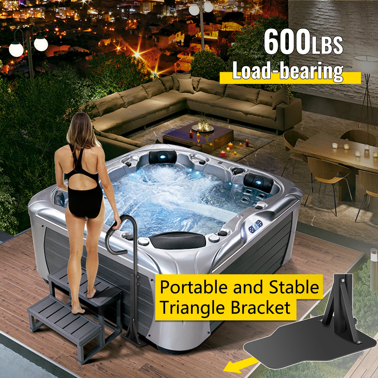 VEVOR Pasamanos Lateral para Spa 103x48x141,5 cm Pasamanos Bañera de Hidromasaje Gira 360° Hierro Pasamanos con Base Carga 280 kg Riel de Seguridad Lateral con Tornillos Spa Bañera