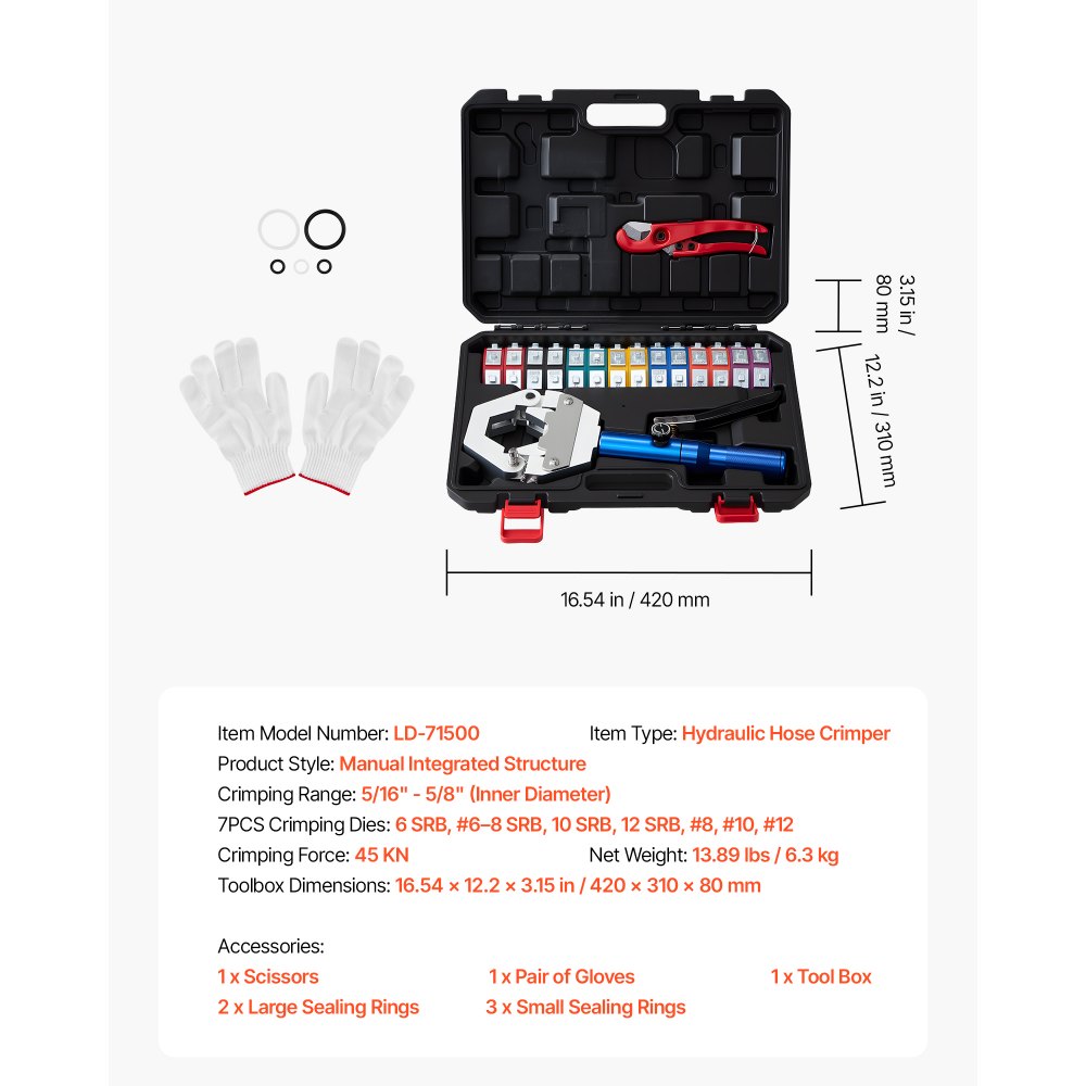 VEVOR Herramienta de Crimpado Hidráulico para Mangueras de Aire Acondicionado, con 7 Matrices, Estuche de Transporte, para Reparación de Aire Acondicionado Automotriz, 420 x 310 x 80 mm, sin Fugas