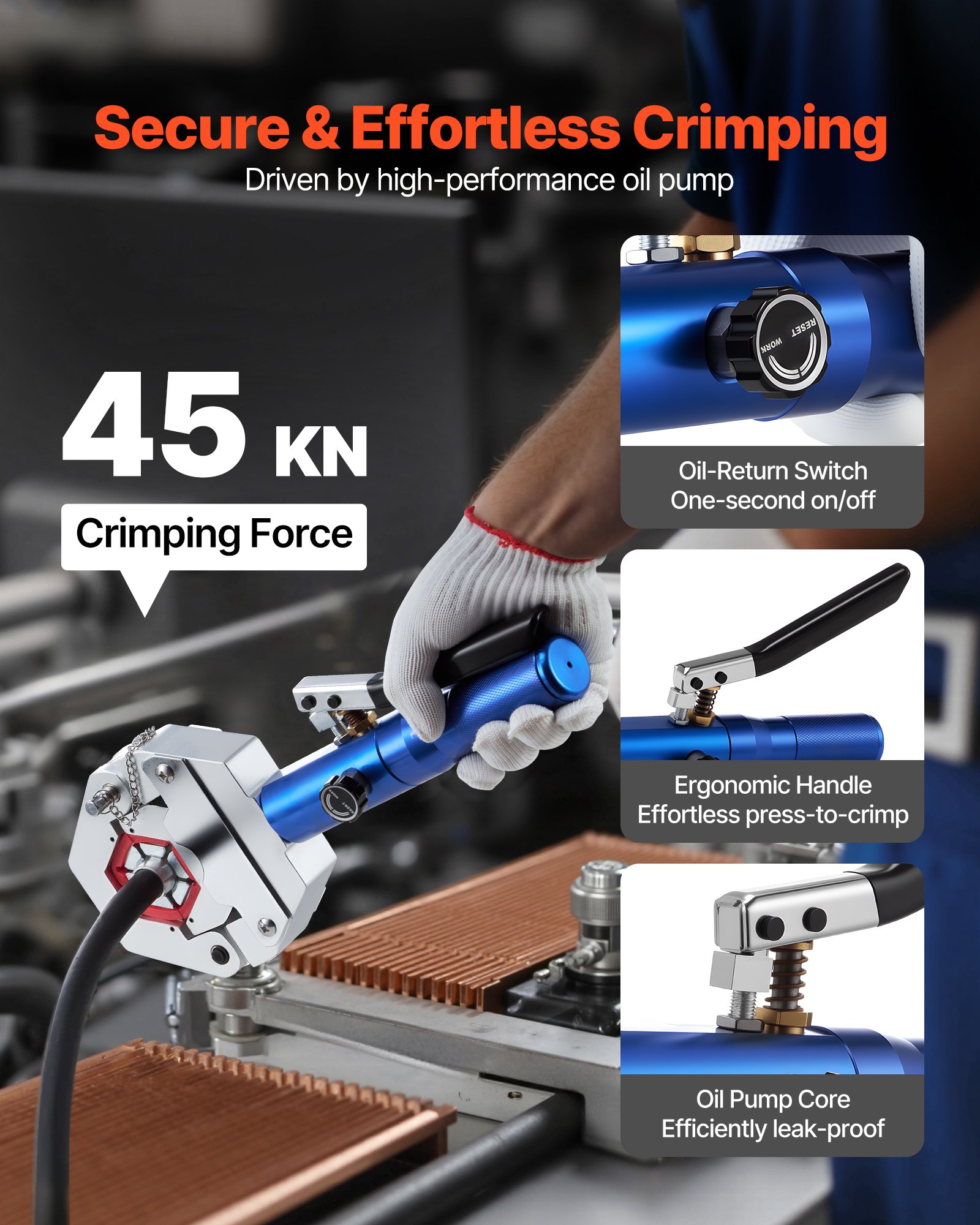 VEVOR Herramienta de Crimpado Hidráulico para Mangueras de Aire Acondicionado, con 7 Matrices, Estuche de Transporte, para Reparación de Aire Acondicionado Automotriz, 420 x 310 x 80 mm, sin Fugas