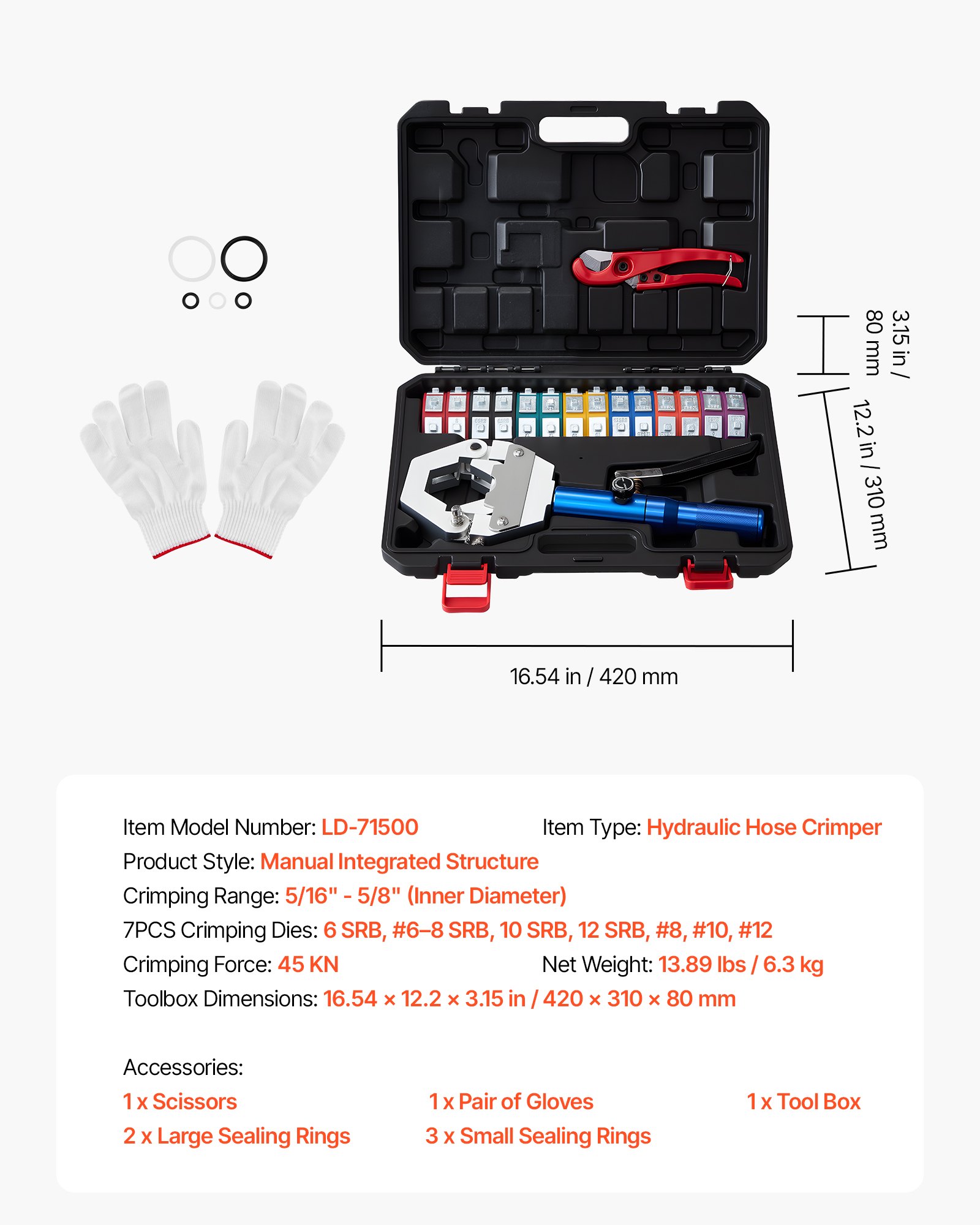VEVOR Herramienta de Crimpado Hidráulico para Mangueras de Aire Acondicionado, con 7 Matrices, Estuche de Transporte, para Reparación de Aire Acondicionado Automotriz, 420 x 310 x 80 mm, sin Fugas