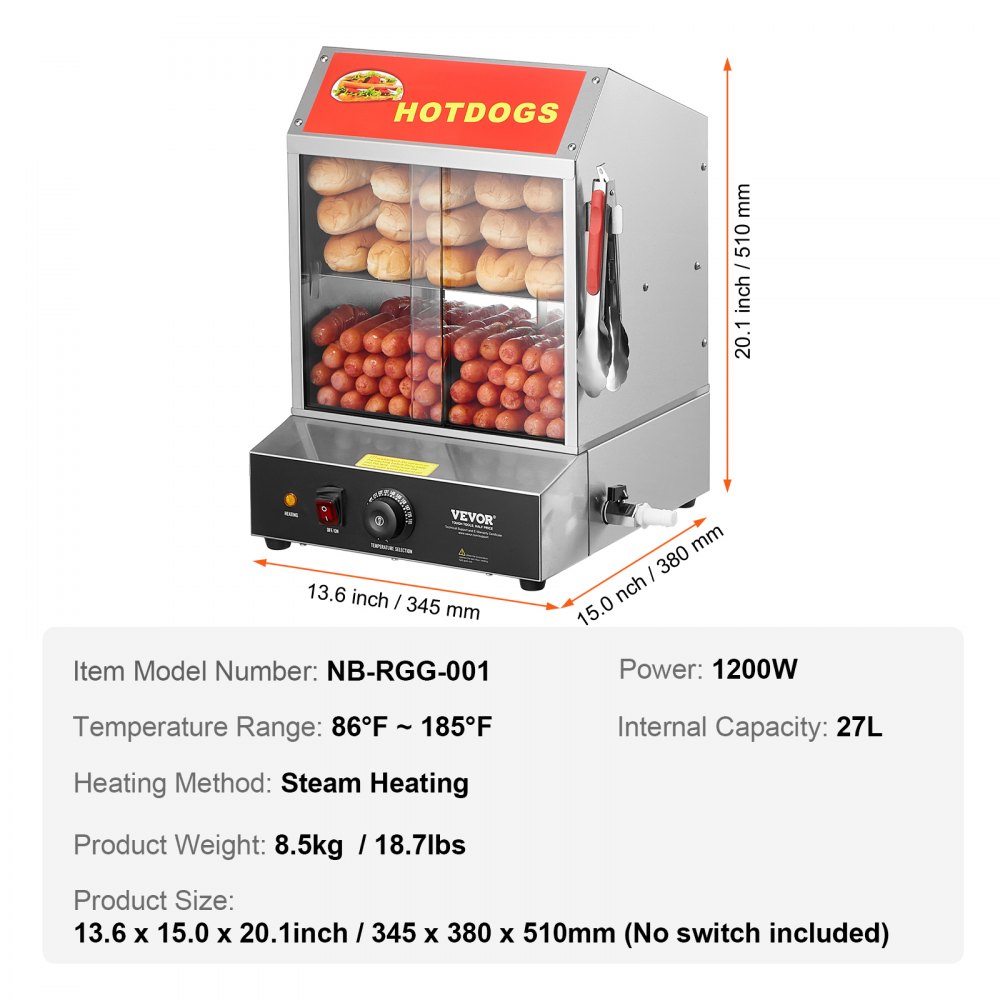 VEVOR - Vaporera para perritos calientes, 27 l, 2 niveles, control de temperatura de 30 ℃ a 85 ℃, calentador de pan eléctrico con puertas corredizas de vidrio templado, pinzas para placa divisoria, acero inoxidable, para perritos calientes y panecillos