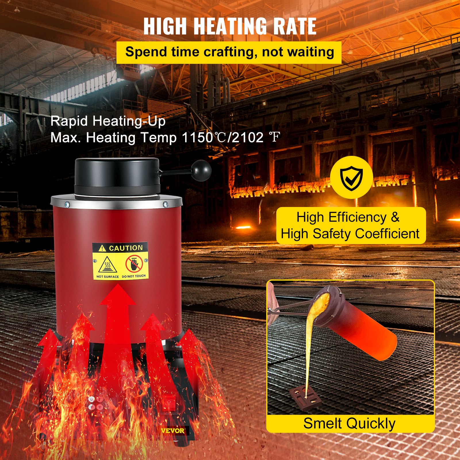 VEVOR Horno de Fusión 1750 W Horno de Fusión Eléctrica 38 x 24 x 21 cm 1150℃ Horno de Fusión de Oro para el Procesamiento de Fundición de Oro, Plata Pura, Cobre Puro y Aluminio en industria y Taller