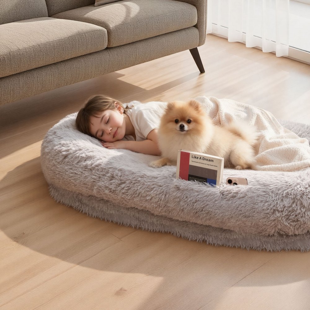 VEVOR Cama para Perros de Diseño Ovalado, de Espuma Viscoelástica, Tamaño Humano, con Bolsillo Lateral, Asa y Cremallera, Funda Extraíble y Lavable a Máquina, Color Gris, 1320 x 860 x 240 mm