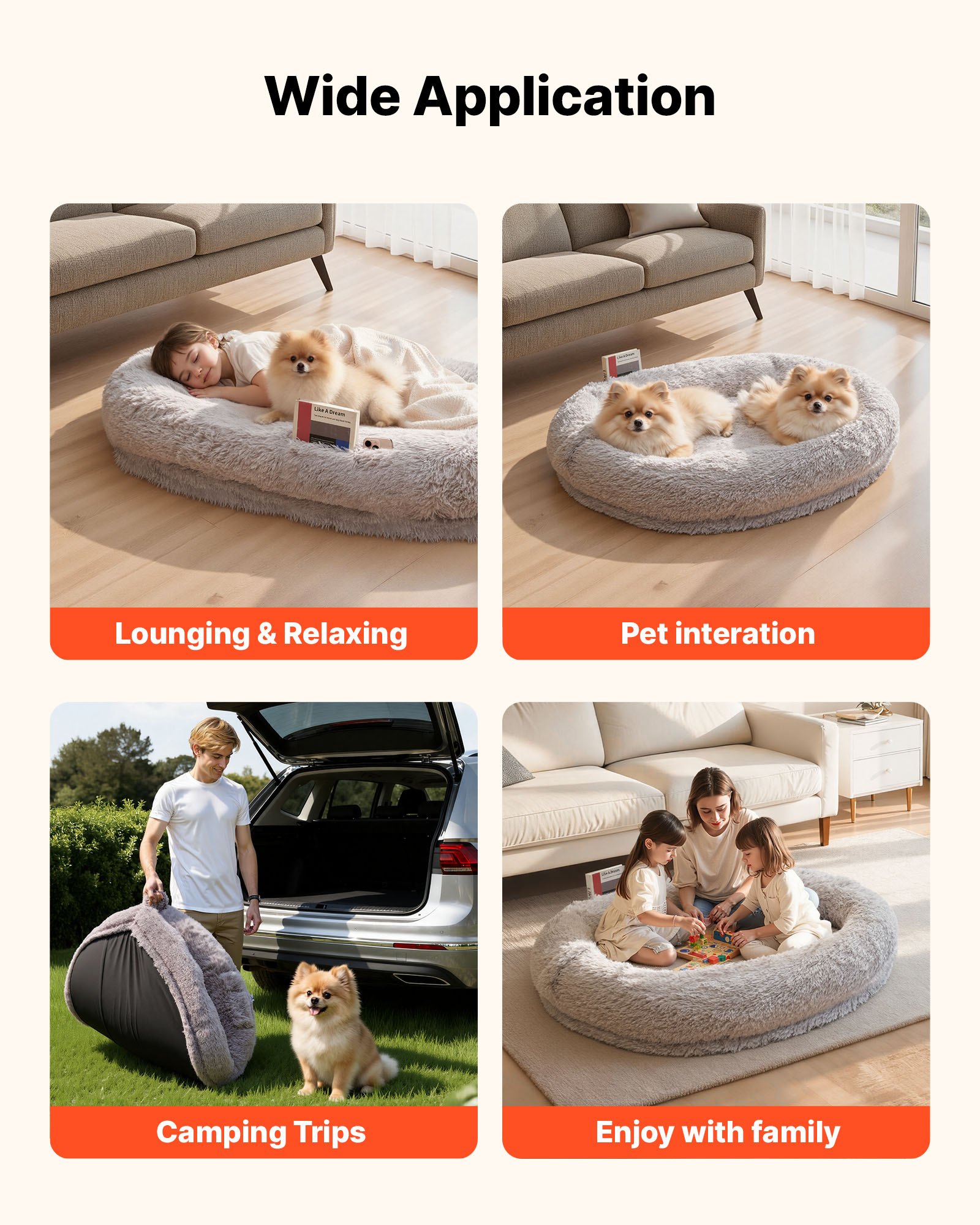 VEVOR Cama para Perros de Diseño Ovalado, de Espuma Viscoelástica, Tamaño Humano, con Bolsillo Lateral, Asa y Cremallera, Funda Extraíble y Lavable a Máquina, Color Gris, 1320 x 860 x 240 mm