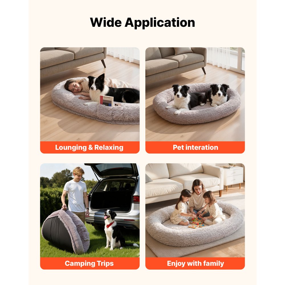 VEVOR Cama para Perros, Forma Ovalada, de Espuma Viscoelástica, Tamaño Humano, con Bolsillo Lateral, Asa y Cremallera, Funda Extraíble y Lavable a Máquina, Color Gris Claro, 1710 x 1000 x 240 mm