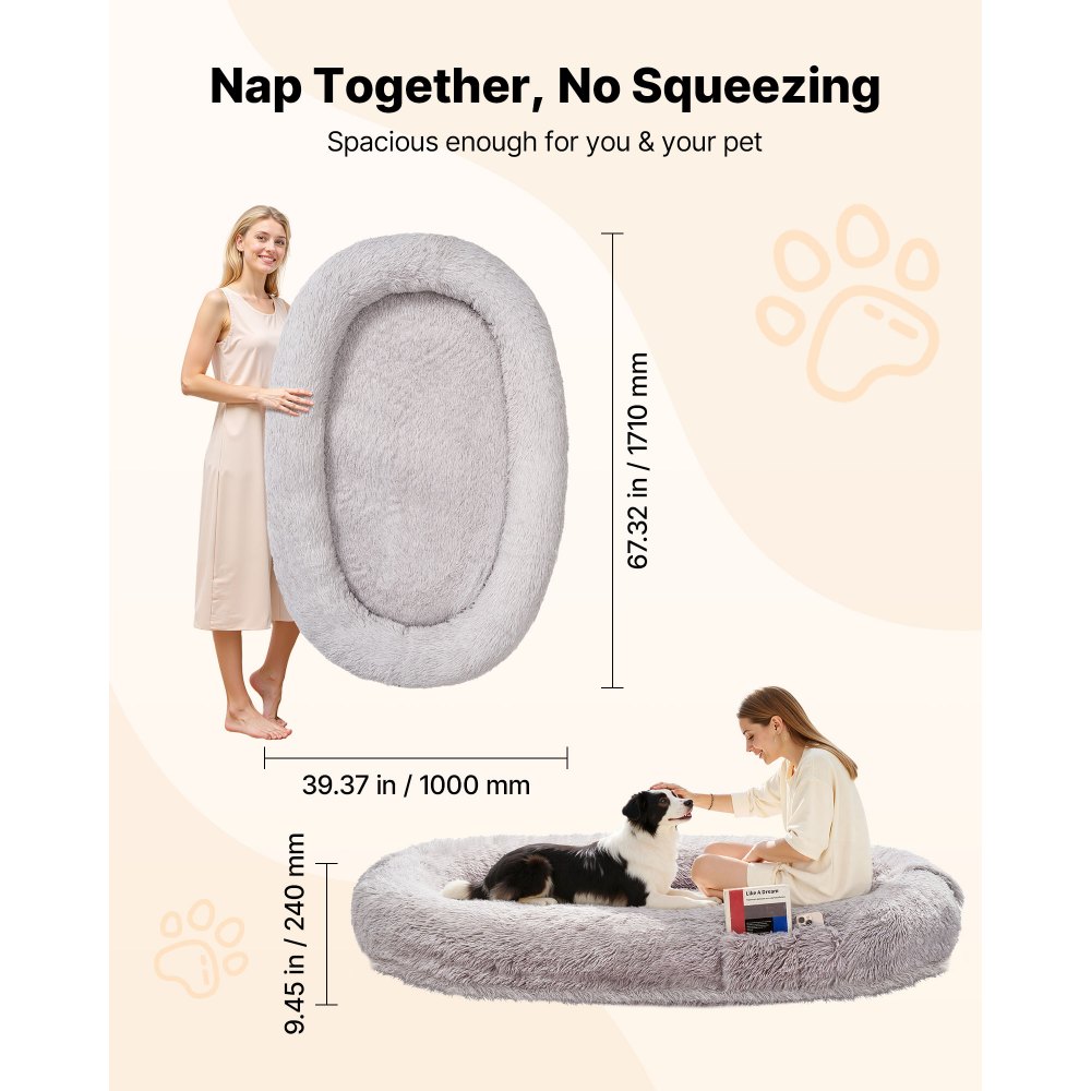 VEVOR Cama para Perros, Forma Ovalada, de Espuma Viscoelástica, Tamaño Humano, con Bolsillo Lateral, Asa y Cremallera, Funda Extraíble y Lavable a Máquina, Color Gris Claro, 1710 x 1000 x 240 mm