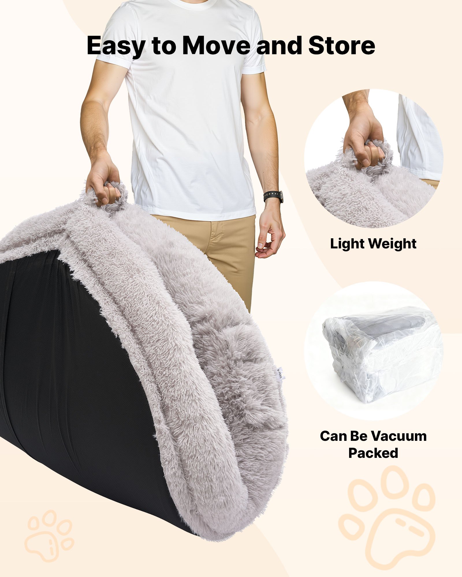 VEVOR Cama para Perros, Forma Ovalada, de Espuma Viscoelástica, Tamaño Humano, con Bolsillo Lateral, Asa y Cremallera, Funda Extraíble y Lavable a Máquina, Color Gris Claro, 1710 x 1000 x 240 mm