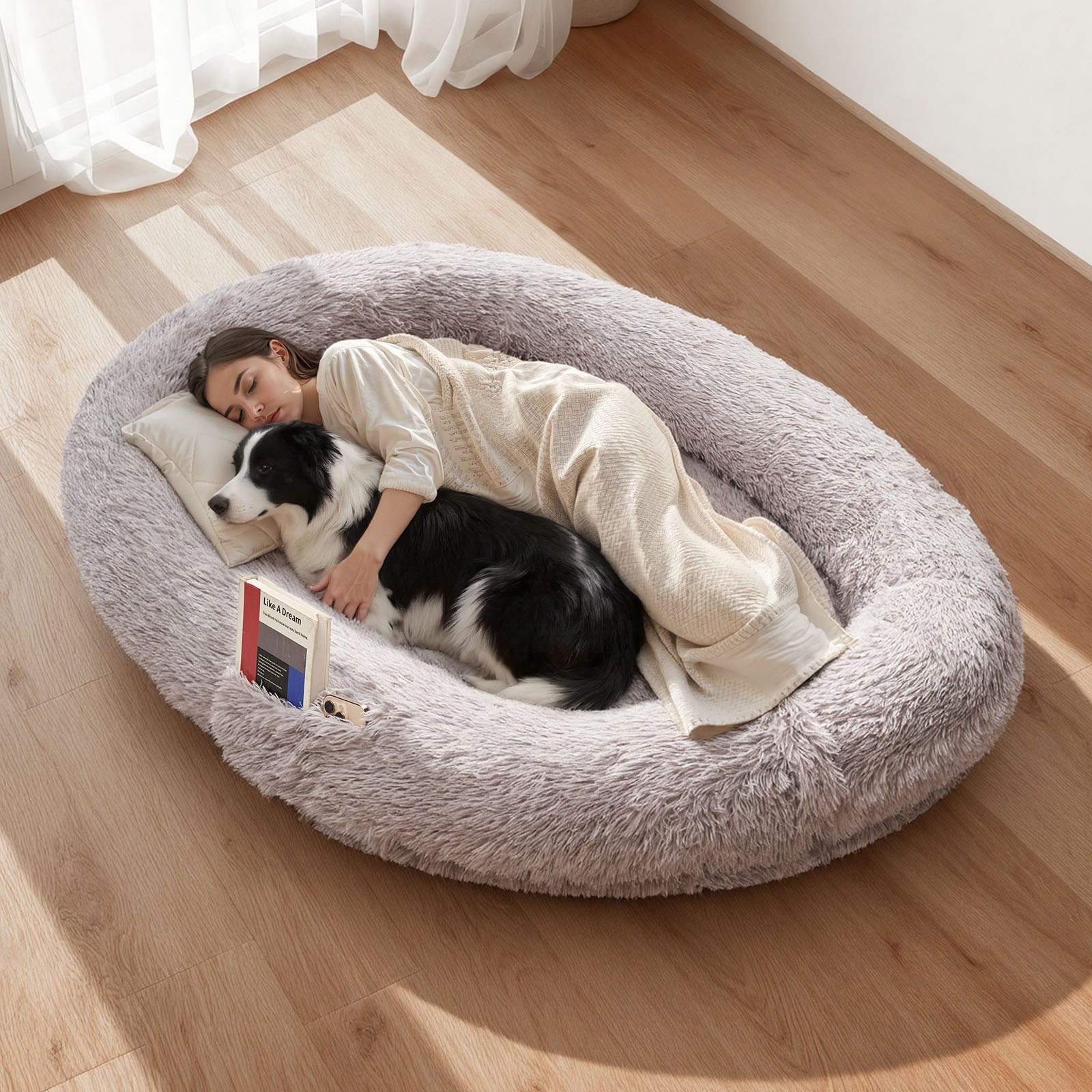 VEVOR Cama para Perros, Forma Ovalada, de Espuma Viscoelástica, Tamaño Humano, con Bolsillo Lateral, Asa y Cremallera, Funda Extraíble y Lavable a Máquina, Color Gris Claro, 1710 x 1000 x 240 mm