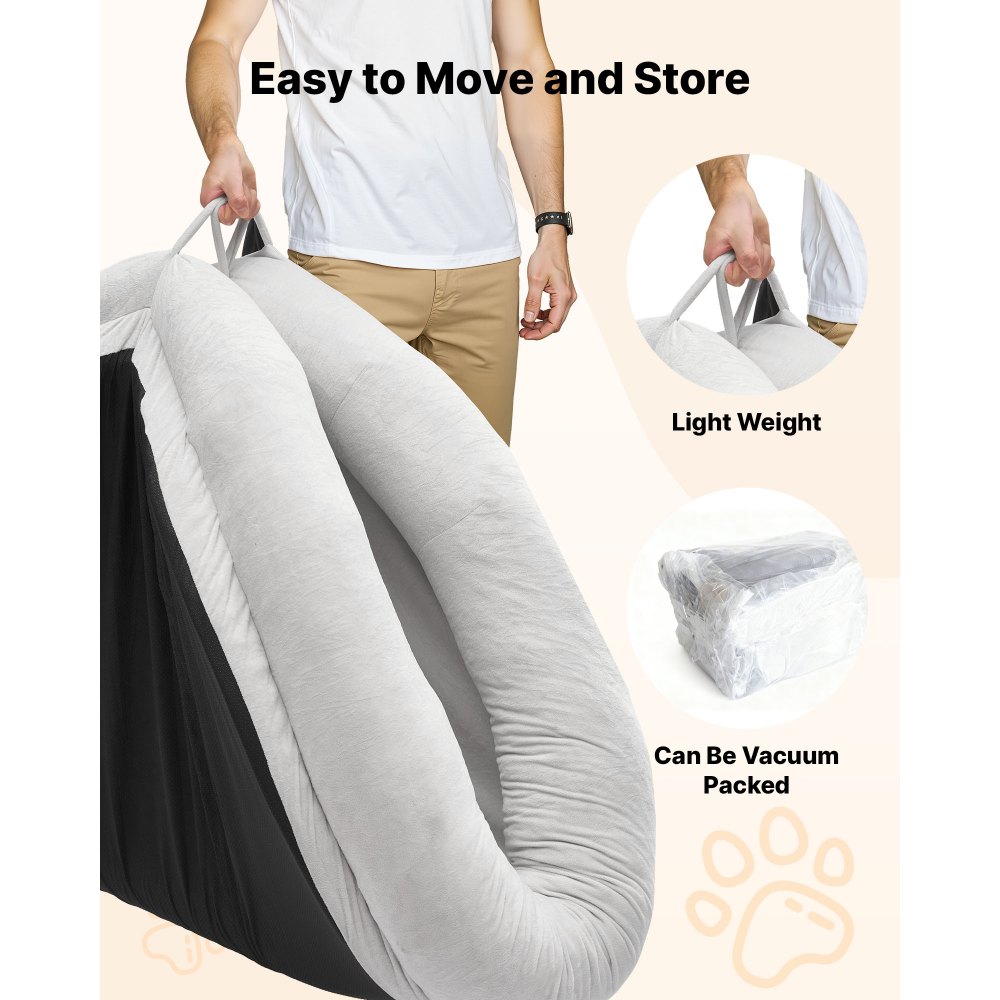 VEVOR Cama para Perros, 178 x 120 x 24 cm, Peluche Corto, de Espuma Viscoelástica, Tamaño Humano, con Bolsillo Lateral, Asa y Cremallera, Funda Extraíble y Lavable a Máquina, Gris, Diseño Ovalado