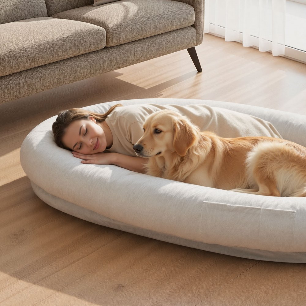 VEVOR Cama para Perros, 178 x 120 x 24 cm, Peluche Corto, de Espuma Viscoelástica, Tamaño Humano, con Bolsillo Lateral, Asa y Cremallera, Funda Extraíble y Lavable a Máquina, Gris, Diseño Ovalado