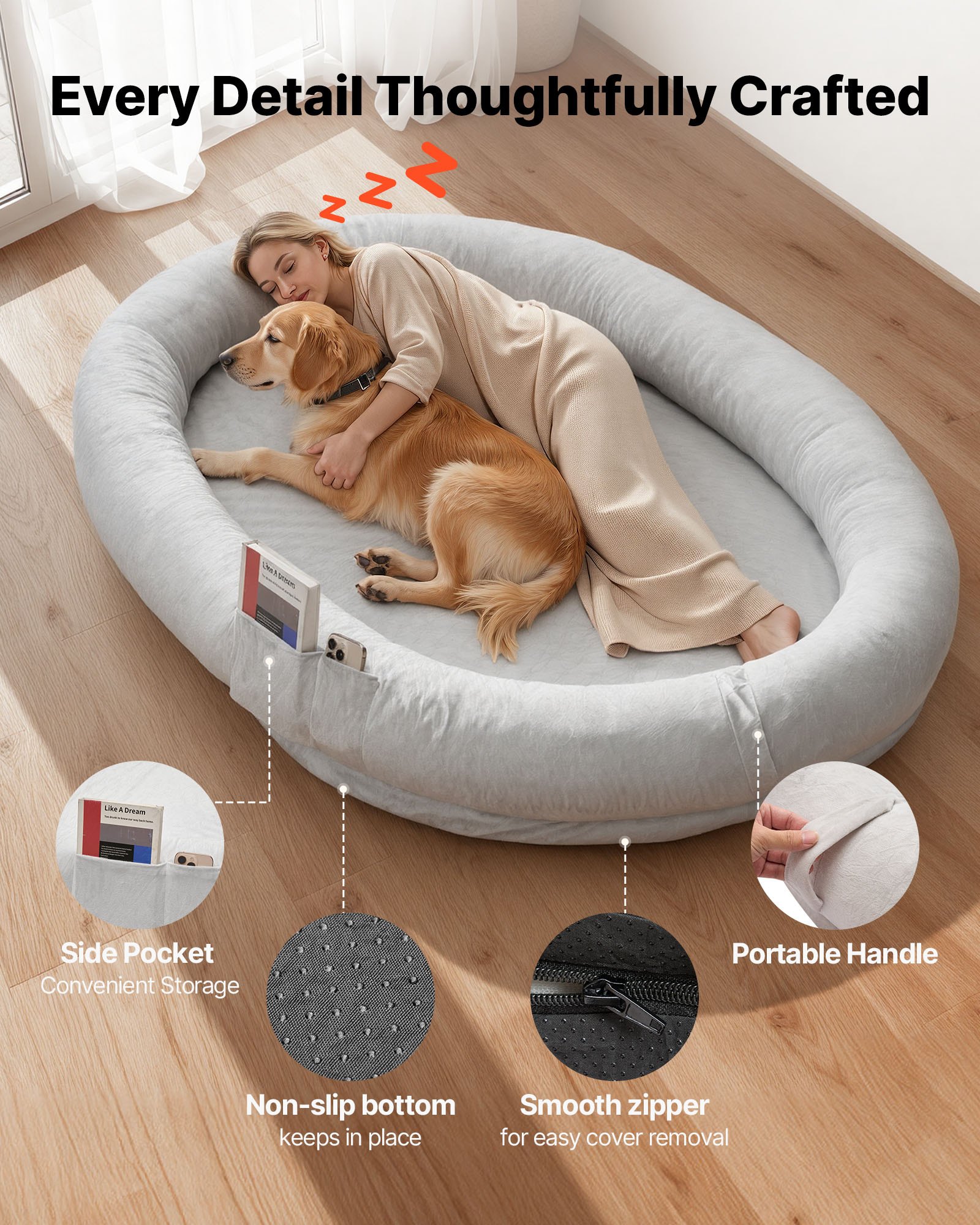 VEVOR Cama para Perros, 178 x 120 x 24 cm, Peluche Corto, de Espuma Viscoelástica, Tamaño Humano, con Bolsillo Lateral, Asa y Cremallera, Funda Extraíble y Lavable a Máquina, Gris, Diseño Ovalado