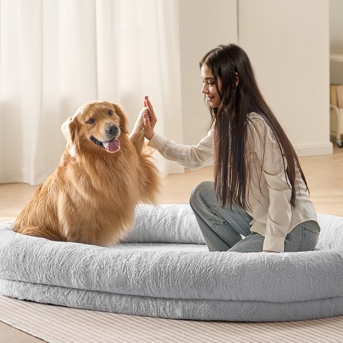 VEVOR Cama para Personas y Mascotas 1825 x 1220 x 254 mm Cama Grande para Perros de Tamaño Humano con Funda de Piel Sintética de Conejo Espuma de Panal, Bolsillo de Almacenamiento, Gris Claro