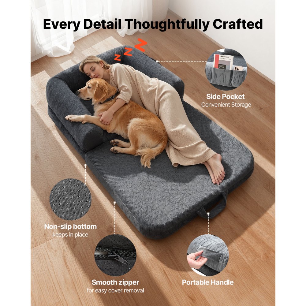 VEVOR Cama para Perros Rectangular, 179 x 95 x 22 cm, Ortopédica, de Espuma Viscoelástica, Tamaño Humano, con Bolsillo Lateral, Asa y Cremallera, Funda Extraíble y Lavable a Máquina, Gris Oscuro