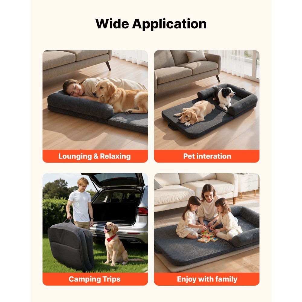 VEVOR Cama para Perros Rectangular, 179 x 95 x 22 cm, Ortopédica, de Espuma Viscoelástica, Tamaño Humano, con Bolsillo Lateral, Asa y Cremallera, Funda Extraíble y Lavable a Máquina, Gris Oscuro