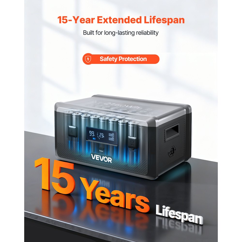 VEVOR Batería Portátil de Expansión Adicional LiFePO4 de 2160 Wh, con 3 Puertos de Salida para Uso Doméstico, Camping, Viajes, Autocaravanas y Emergencias, 387 x 270 x 196 mm, Color Negro y Gris