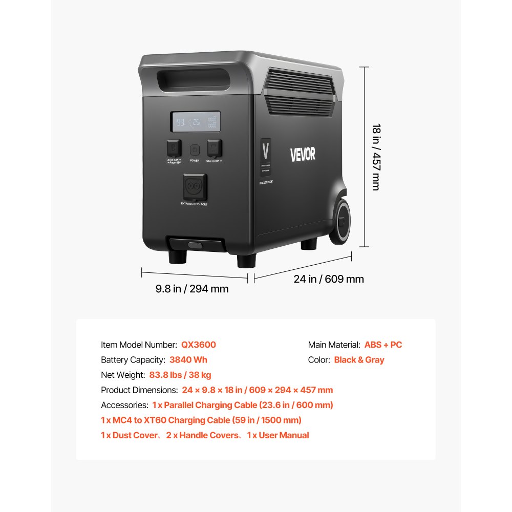 VEVOR Batería Portátil, 3840 Wh LiFePO4, Paquete de Energía de Respaldo con 3 Puertos de Salida para Uso Doméstico, Camping, Viajes por Carretera, Autocaravanas y Emergencias, 609 x 294 x 457 mm