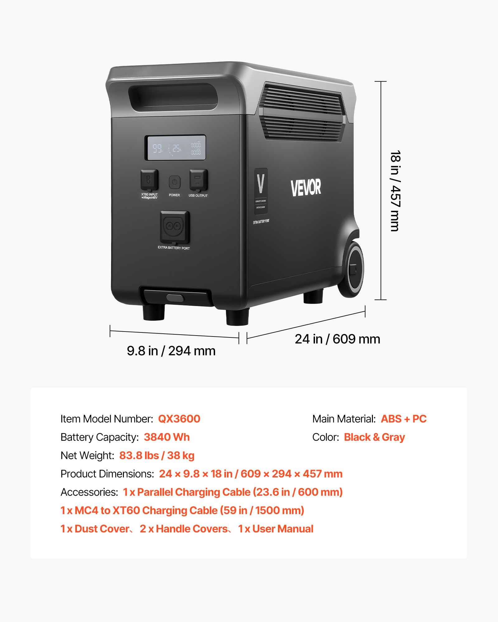 VEVOR Batería Portátil, 3840 Wh LiFePO4, Paquete de Energía de Respaldo con 3 Puertos de Salida para Uso Doméstico, Camping, Viajes por Carretera, Autocaravanas y Emergencias, 609 x 294 x 457 mm