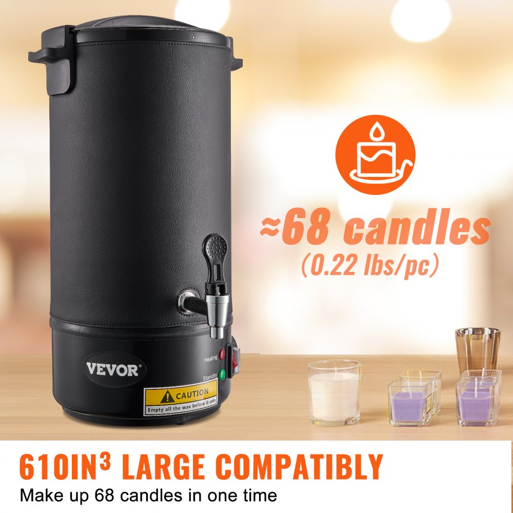 VEVOR Fundidor de Cera Eléctrico de 10 L Gran Capacidad Crisol Cera para Velas 1100 W Pico Máquina de Fusión de Cera Ajuste 30-110 °C de 100 Mechas y Pegatinas para Fabricación de Velas de Jabón