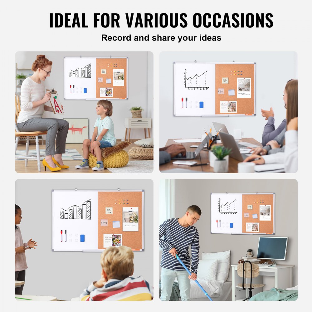 VEVOR Combo de pizarra blanca y tablero de corcho de 60 x 90 cm con marco de aluminio Tablón de anuncios magnético 2 en 1 de borrado en seco montado en pared Ideal para escuela, hogar, oficina