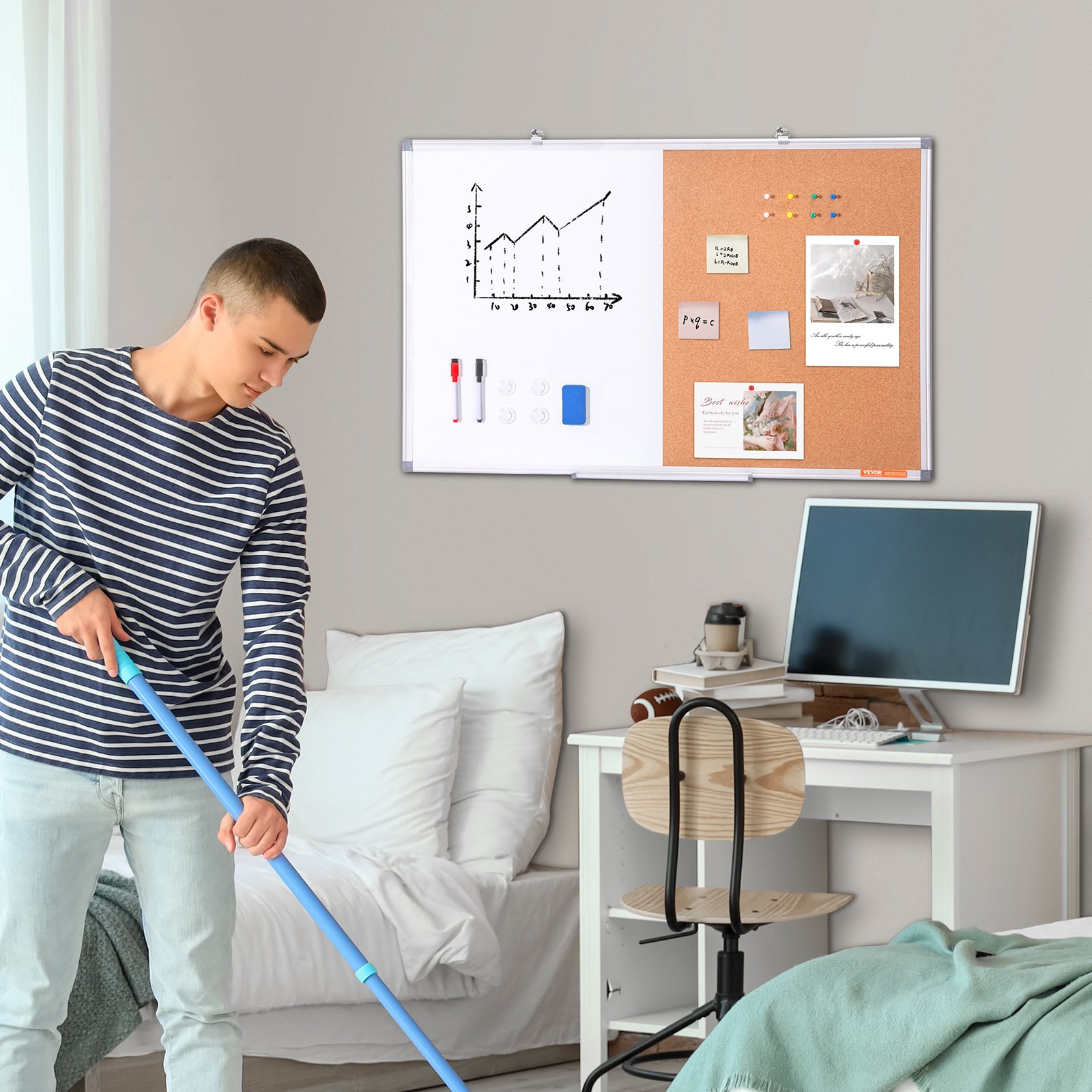 VEVOR Combo de pizarra blanca y tablero de corcho de 60 x 90 cm con marco de aluminio Tablón de anuncios magnético 2 en 1 de borrado en seco montado en pared Ideal para escuela, hogar, oficina