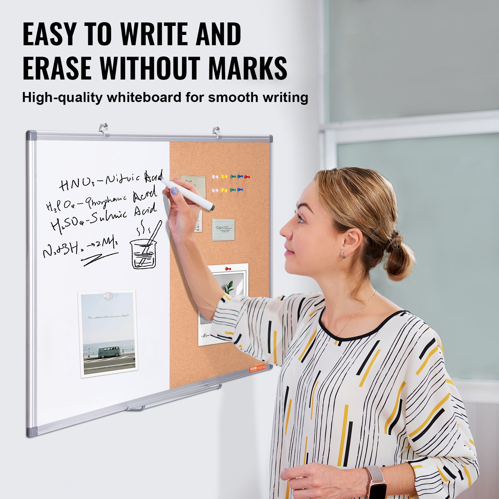 VEVOR Combo de pizarra blanca y tablero de corcho de 60 x 90 cm con marco de aluminio Tablón de anuncios magnético 2 en 1 de borrado en seco montado en pared Ideal para escuela, hogar, oficina