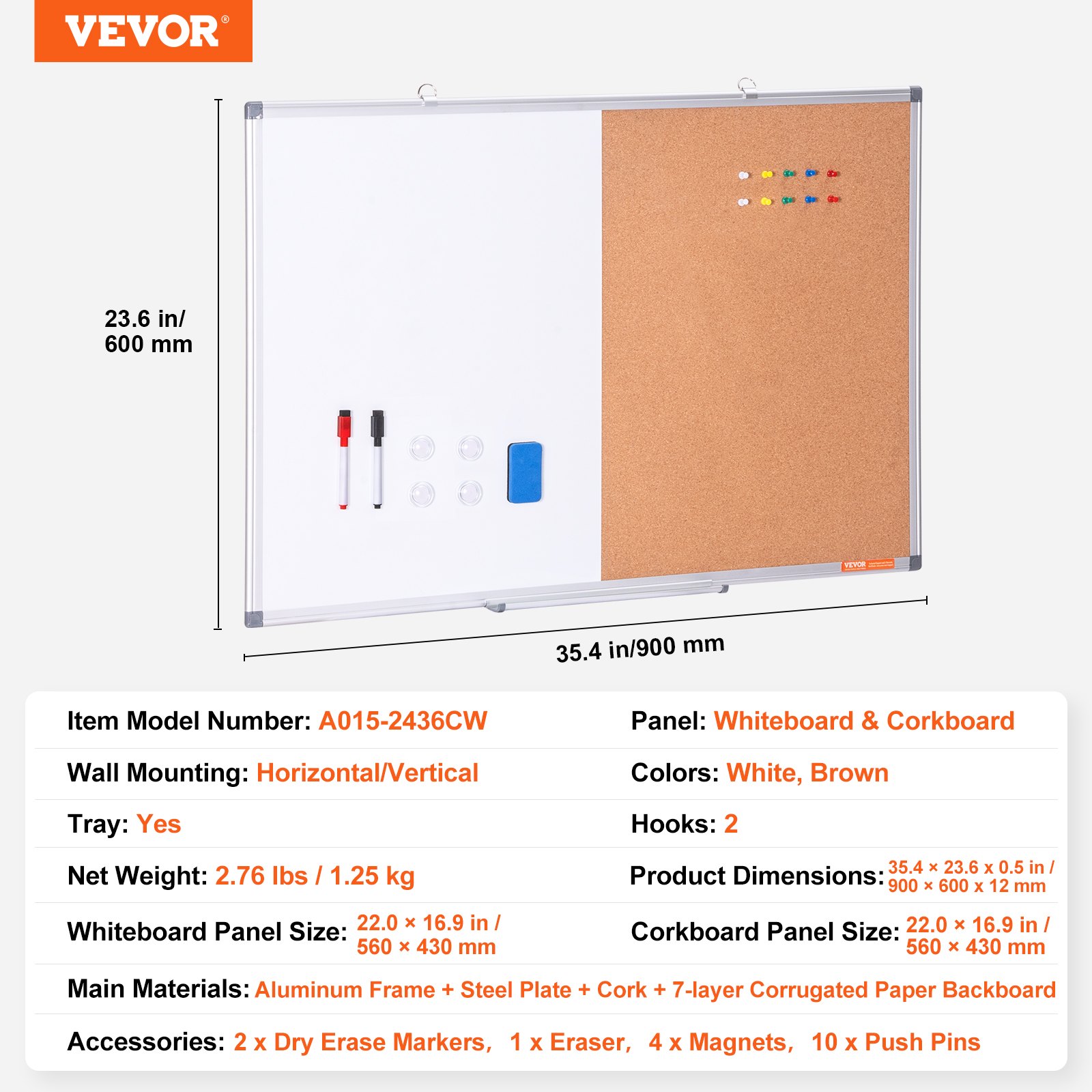 VEVOR Combo de pizarra blanca y tablero de corcho de 60 x 90 cm con marco de aluminio Tablón de anuncios magnético 2 en 1 de borrado en seco montado en pared Ideal para escuela, hogar, oficina