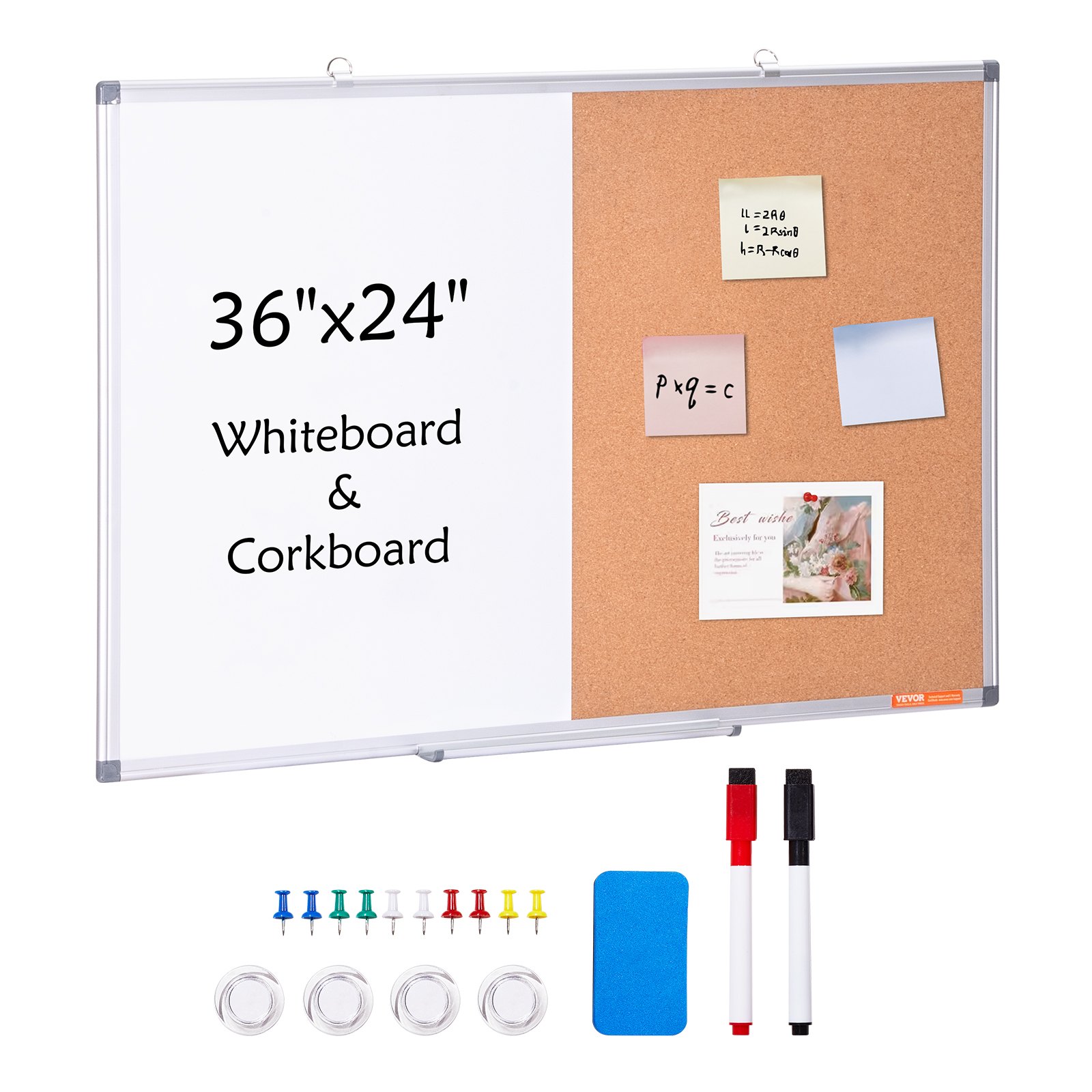 VEVOR Combo de pizarra blanca y tablero de corcho de 60 x 90 cm con marco de aluminio Tablón de anuncios magnético 2 en 1 de borrado en seco montado en pared Ideal para escuela, hogar, oficina