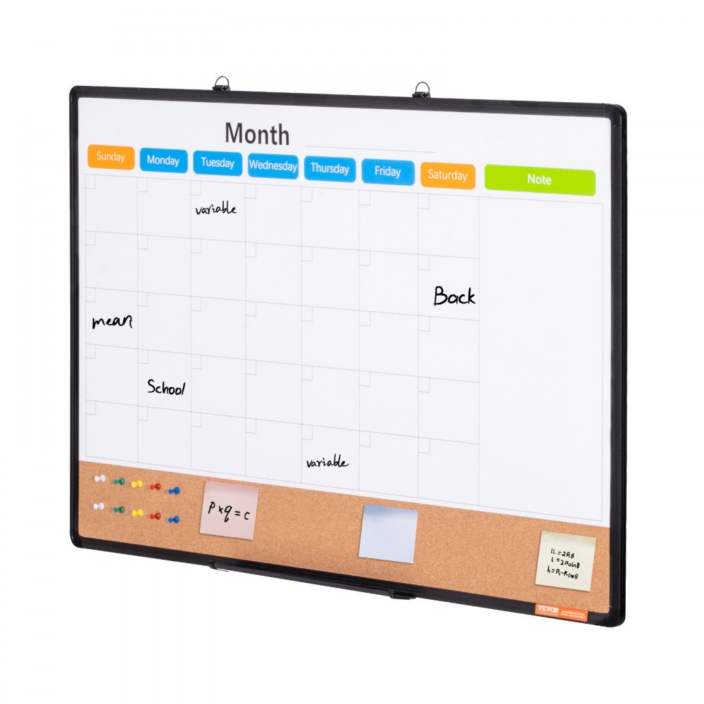 VEVOR Combo de Pizarra Blanca y Tablero de Corcho con Calendario Mensual 90x60 cm con Marco de Aluminio Tablón de Anuncios Magnético de Borrado en Seco Montado en Pared para Hogar, Escuela, Oficina