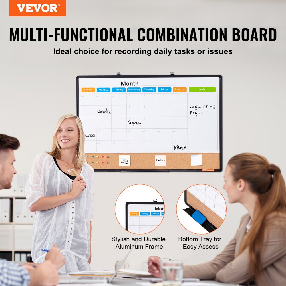 VEVOR Combo de Pizarra Blanca y Tablero de Corcho con Calendario Mensual 90x60 cm con Marco de Aluminio Tablón de Anuncios Magnético de Borrado en Seco Montado en Pared para Hogar, Escuela, Oficina